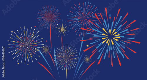 Colorful fireworks explode against a dark blue night sky.