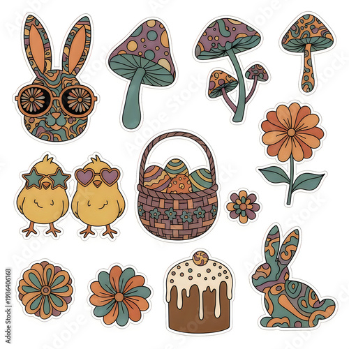 set of isolated retro groovy easter rabbit, chick, eggs, flowers