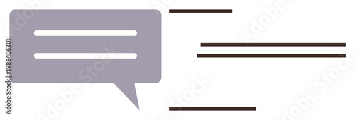 Communication, messaging, online chat, dialogues, information sharing, interaction. Speech bubble with horizontal text lines and additional communication lines. Communication and messaging theme
