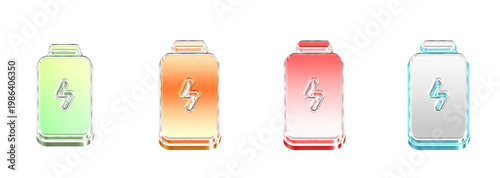 3D Glass Battery Charging 3D Icon Pack Isolated on Transparent Background – Concept of Data Exchange and Connectivity – Transparent Liquid Glass Icon – 3D CGI Illustration