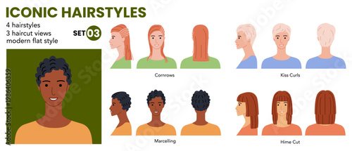 Iconic hairstyles infographic set with labeled cornrows, hime cut, kiss curls and finger waves, modern flat layout for education and hairstyle reference