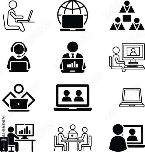 A versatile collection of minimalist black icons representing business operations, finance, remote work, and digital services. The set includes symbols for online meetings, global communication, banki