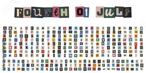 Patriotic Ransom Note Alphabet and Numbers for Independence Day Scrapbook Design