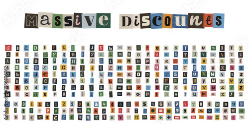 Ransom note style alphabet and numbers for creative marketing and massive discounts promotion.