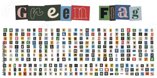 Ransom Note Cutout Letters Alphabet Set with Green Flag Text for Relationship and Dating Advice