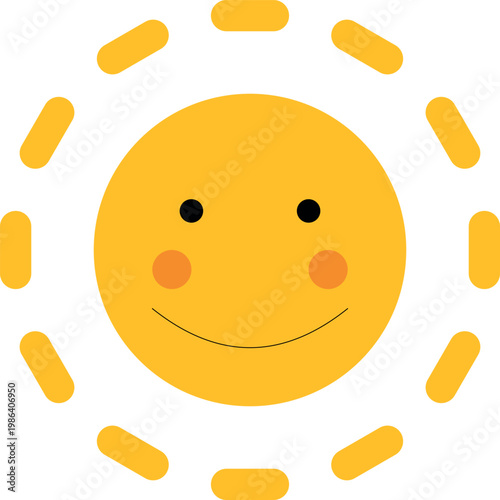 Minimalist smiling sun vector illustration, cute yellow sunshine character with rosy cheeks, happy summer sun icon for kids and nursery decor