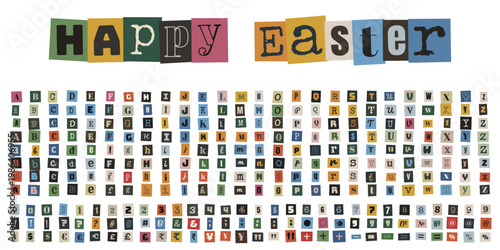 Anonymous Ransom Note Style Alphabet Letters and Numbers for Easter Greeting Cards and DIY Crafts
