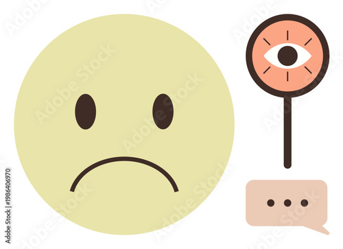 Communication, mental health, observation, emotions, social interaction, feedback. Yellow sad face, eye in a sign and chat bubble. Communication and mental health concept
