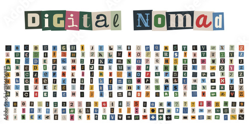 Digital Nomad Ransom Note Style Alphabet and Numbers Set for Creative Design