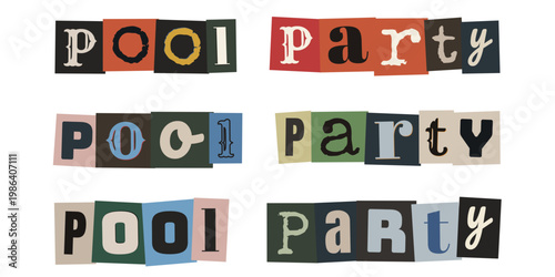 Retro Zine Style Pool Party Text Graphics, Ransom Note Lettering for Summer Event Invitations