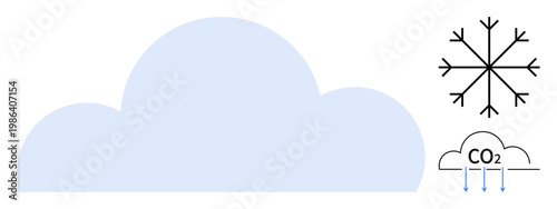 Climate change, carbon emissions, global warming, environmental impact, sustainability, weather. A cloud with a snowflake and CO2 emission diagram. Climate change and carbon emissions concepts