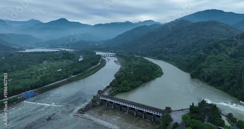 Aerial footage of landscape in dujiangyan, Sichuan province,China