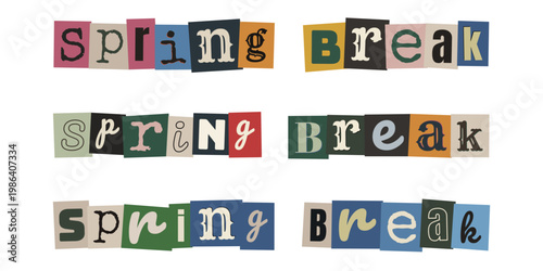 Ransom Note Style Spring Break Text Graphics, Anonymous Letter Cutout Typography