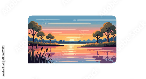 Pixel Art Sunset Over Calm Water with Trees and Reeds