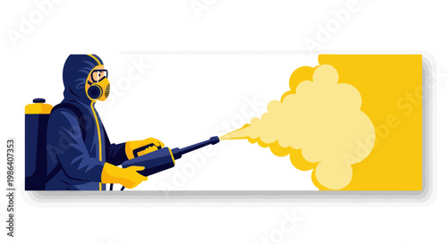 Pest Control Worker Spraying Disinfectant Fog, Safety Gear, Yellow Smoke Cloud