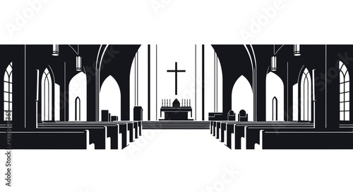 Silhouette of a Church Interior with Pews, Altar, and Cross