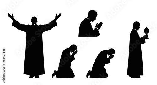 Silhouette of Priest in prayer and worship, isolated on white background
