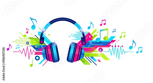 Vibrant Headphones with Abstract Music Notes and Sound Waves