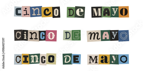 Cinco de Mayo Ransom Note Style Typography, Mexican Holiday Celebration Text