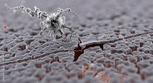 Close-up microscopic view of a complex biological structure on a textured surface, showcasing intricate details of cellular components and biological processes