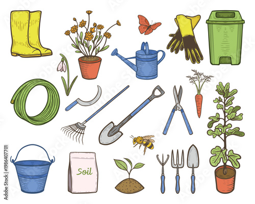 Garden tools set: shovel, rake, trowel, gloves, watering can, shears, soil bag, sickle, bucket, trash bin, seedling, tree sapling, rubber hose and boots, colourful, hand-drawn illustration, isolated