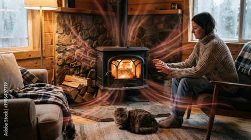 Cozy Woman Reading Book by Warm Wood Stove with Cat in Rustic Cabin.