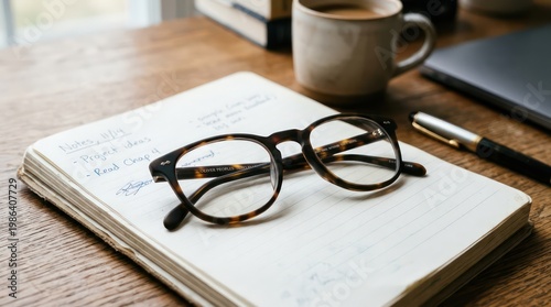 Cozy Wooden Desk Setup with Notebook Glasses Pen and Coffee.
