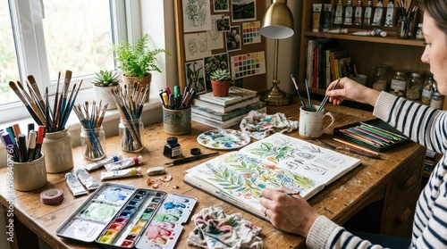 Creative Female Artist Painting Watercolor in Cozy Sunlit Studio.