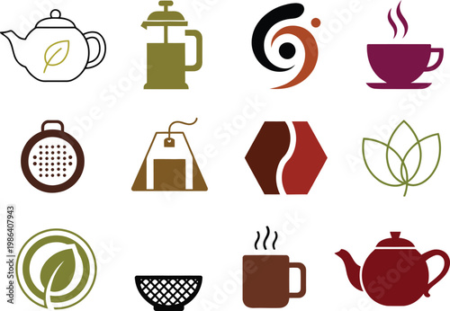A stylish collection of minimalist icons representing coffee, tea, and beverage culture. Featuring teapots, coffee cups, beans, brewing equipment, and organic elements, this set is perfect for cafés, 