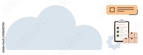 Cloud computing, data management, logistics, workflow organization, online storage, digital processes. Large cloud with checklist, gear and boxes. Cloud computing and data management concept