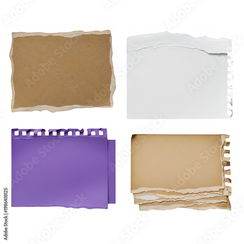 a set of four different colored paper textures isolated on transparent background