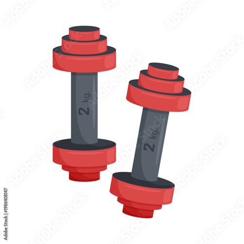 Two dumbbells of two kilograms for exercising. Concept of a healthy lifestyle, sports, fitness. Vector on a white background.