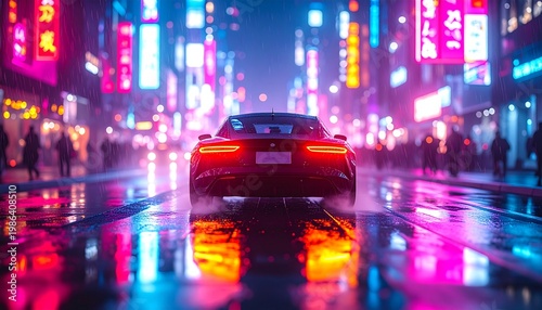 Futuristic Electric Car Arriving in Rainy City at Night