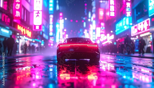 Futuristic Electric Car on a Wet City Street at Night