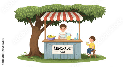Boy Running Lemonade Stand Under Tree, Selling Refreshing Drink to Customer