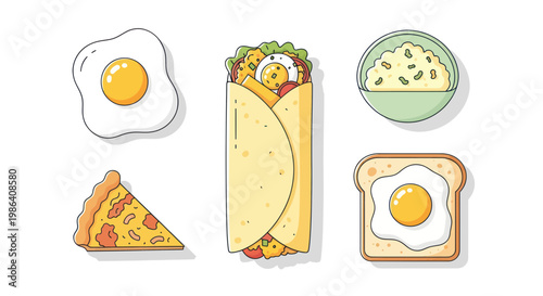 Breakfast Food Icons: Fried Egg, Burrito, Pizza Slice, Toast, Rice Bowl