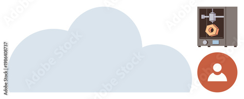 Cloud storage, 3D printing, user data, future technology, digital integration, online systems. A cloud shape with a 3D printer and user icon. Cloud storage and 3D printing innovation concept