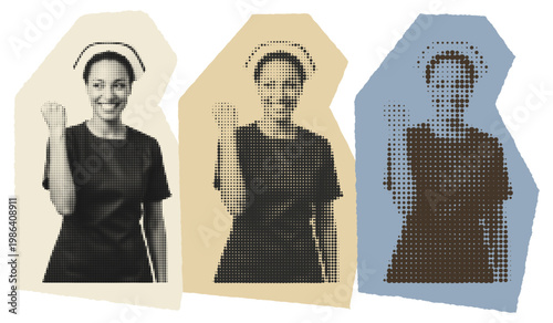 Young Black female nurse raising fist in halftone pop art style for medical empowerment