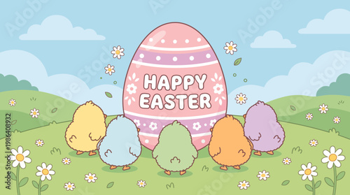 Colorful little chicks looking at a giant happy Easter egg in a field, vector illustration.