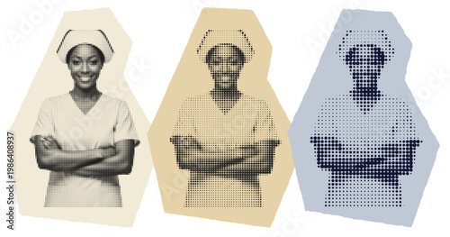 Black Female Nurse Halftone Graphic Art for Black History Month Healthcare Tribute