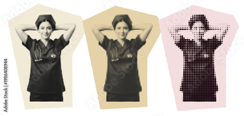 Young female nurse in scrubs with stethoscope, retro halftone pop art style graphic illustration