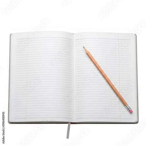 an open notebook with a pencil on the right page isolated on transparent background