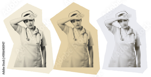 Exhausted Female Nurse Suffering from Burnout and Compassion Fatigue Halftone Art