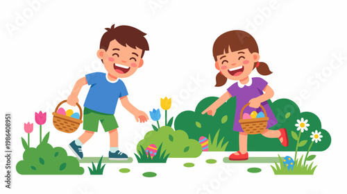 Happy little boy and girl hunting for Easter eggs in a spring garden, vector illustration.