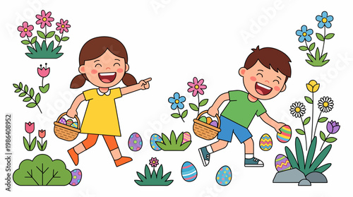 Cute boy and girl collecting colorful Easter eggs in a spring meadow, vector illustration.