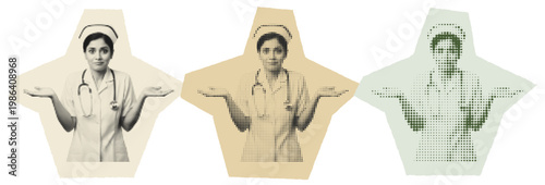 Vintage Pop Art Collage of a Confused Female Nurse Shrugging Her Shoulders in Uncertainty