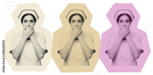Vintage Nurse Silencing Secret Pop Art Collage, Medical Professional Censorship Concept