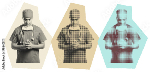 Abstract Halftone Surgeon Art, Medical Professional Burnout and Mental Health Concept