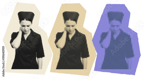 Pop Art Halftone Collage of a Pensive Woman in a Chef Uniform, Artistic Graphic Design
