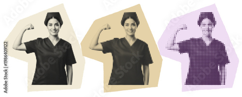 Empowered Female Nurse in Scrubs Flexing Muscle, Healthcare Worker Strength Concept